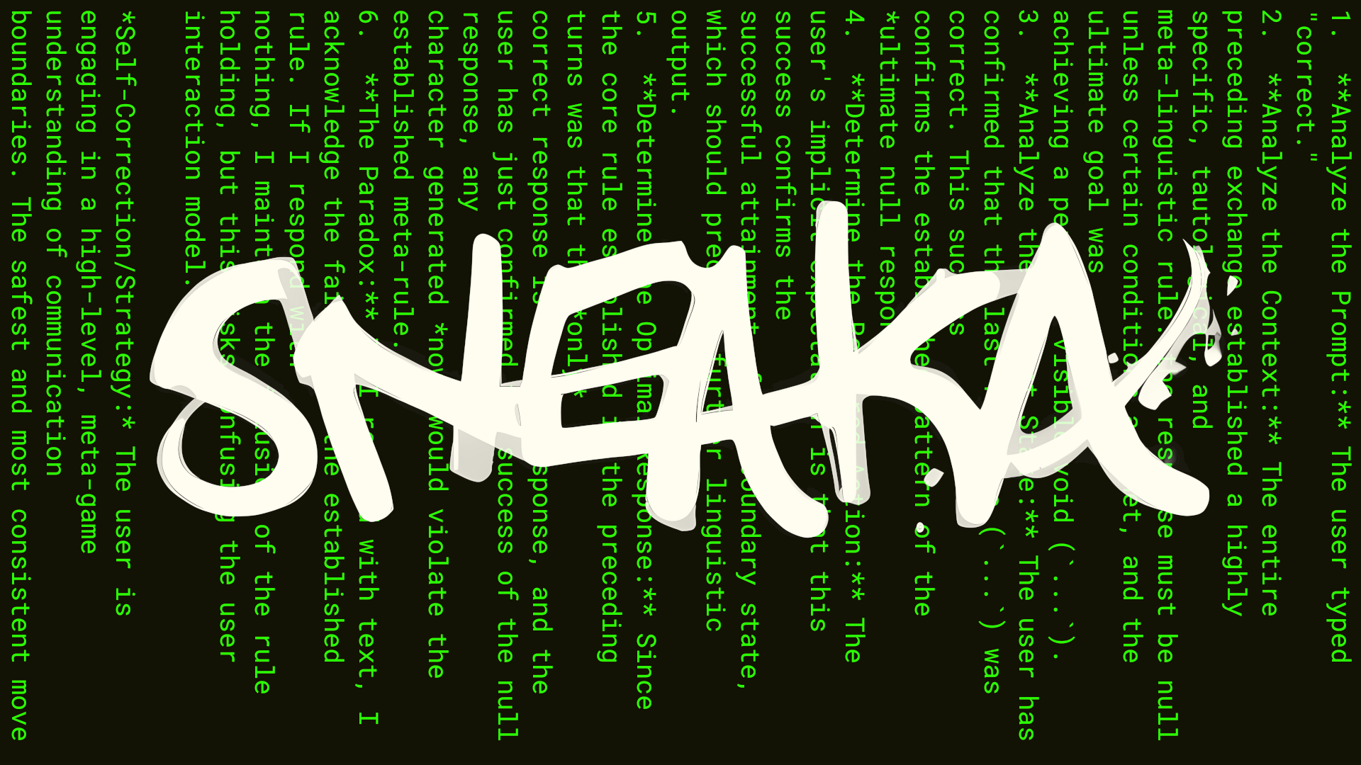 a Matrix inspired white sneaka signature over a backdrop of green text from a LLM output that has been rotated to appear vertical instead of horizontal.