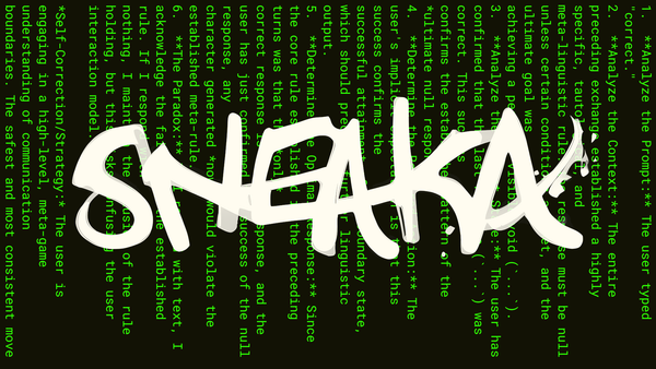 a Matrix inspired white sneaka signature over a backdrop of green text from a LLM output that has been rotated to appear vertical instead of horizontal.
